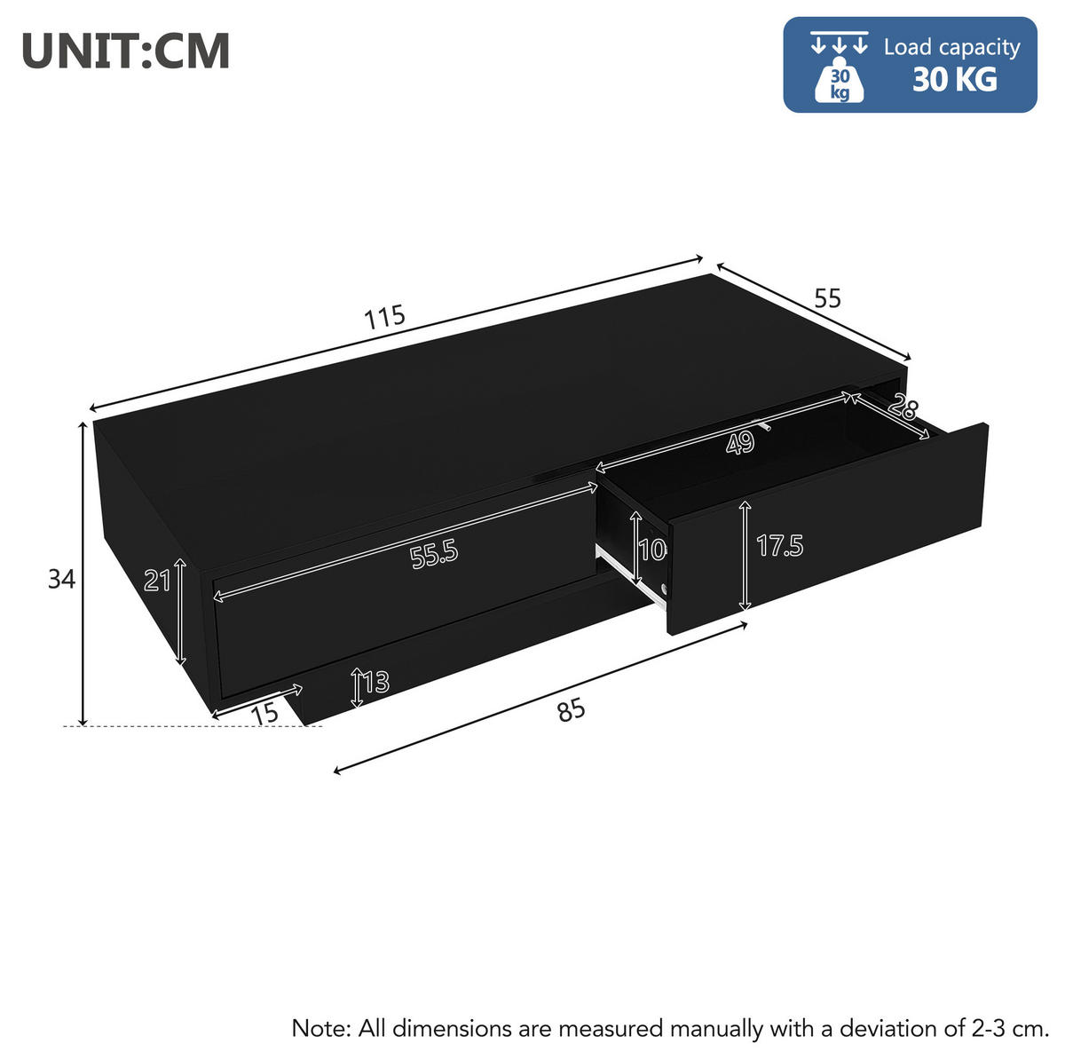 COUCHTISCH Schwarz Hochglanz mit 2 Schubladen und LED-Licht, 115/55/34 cm,Schwarz - Schwarz, Holzwerkstoff (55/115/34cm) - Redom