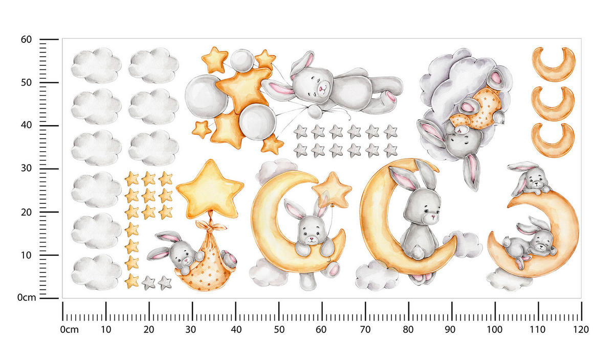 STICKER SET für Kinder Häschen Wolken Monde Sterne 120x60 - Gelb/Beige, Papier (120/60/1cm) - Muralo
