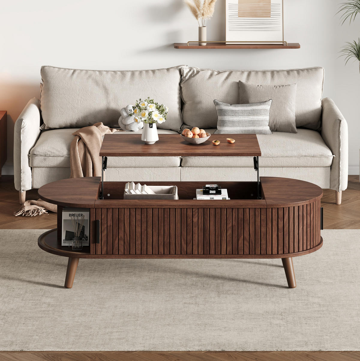 COUCHTISCH 120/50/39,5 cm höhenverstellbar mit verstecktem Stauraum und Rolltüren, Nussbaum - Nussbaumfarben, Holzwerkstoff (120/50/39.5cm) - Modfu