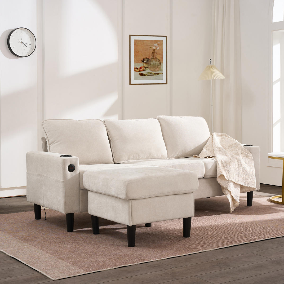 3-SITZER ECKSOFA Leinen Beige mit USB, Type-C und Hocker - Beige, Holzwerkstoff/Textil (202/137cm) - WISHDOR