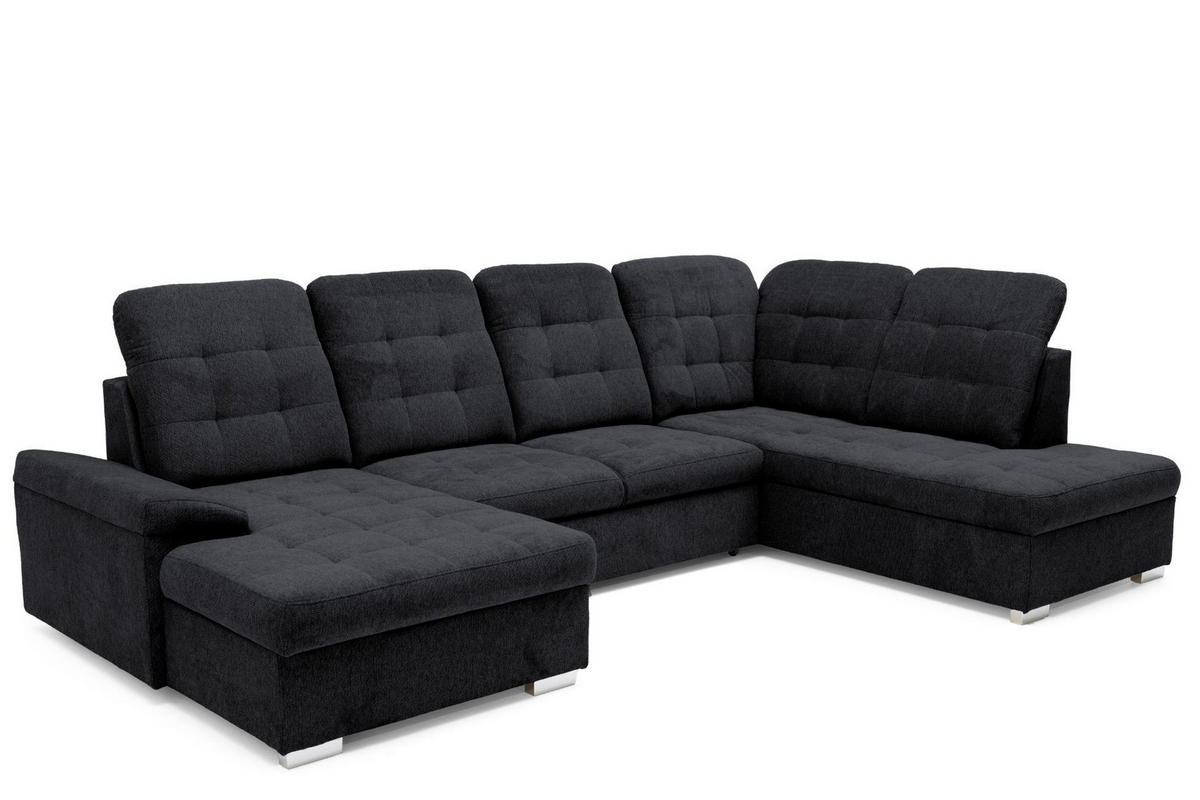ECKSOFA U-Form OLIVIA U Rechts mit Schlaffunktion 124x257 Velours Schwarz - Silberfarben/Schwarz, Holz/Kunststoff (202/103/320cm) - Muffo