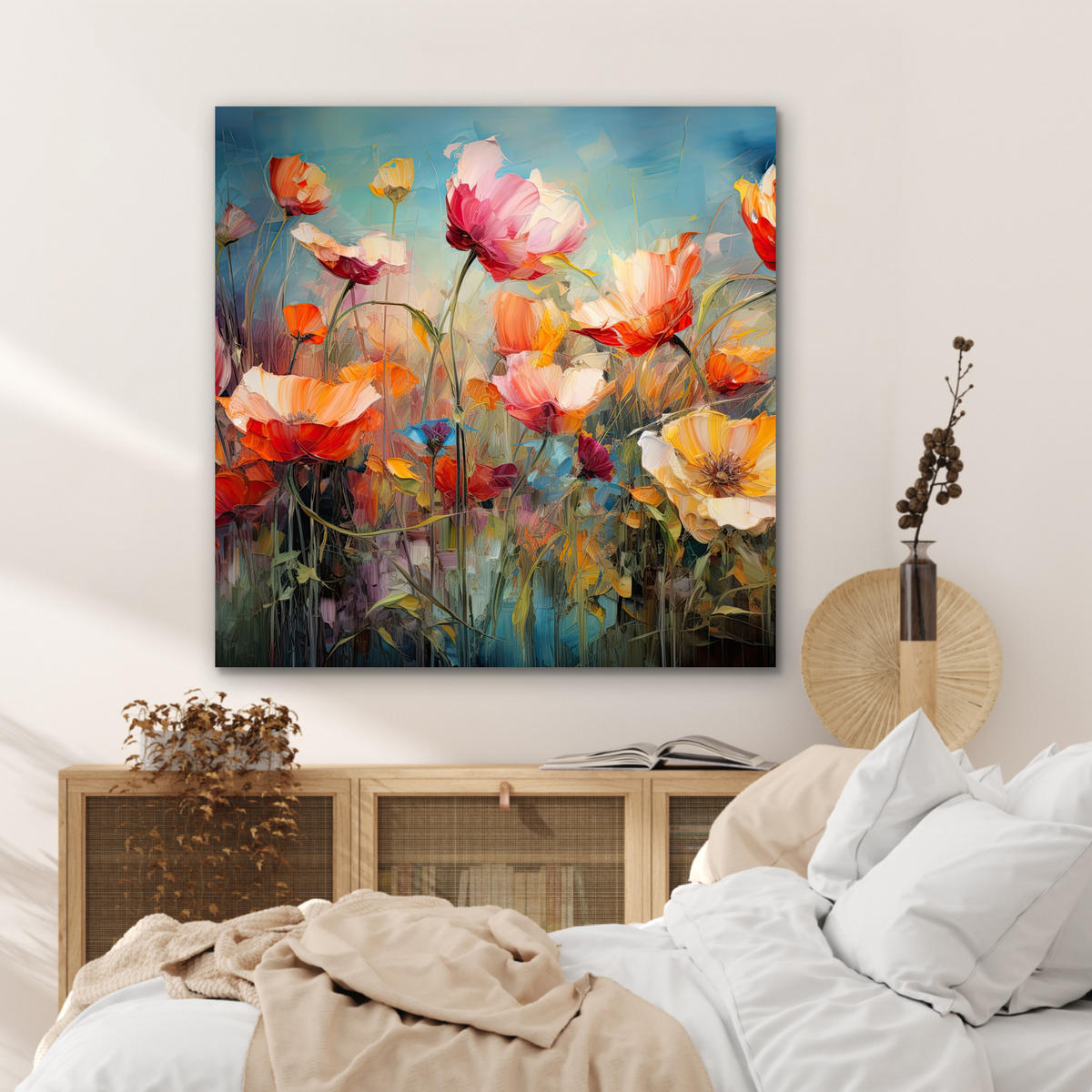 METALLBILD Blumen - Aquarell - Kunst - Botanisch - Natur 90x90 cm - Orange, Metall (90/90cm) - MuchoWow
