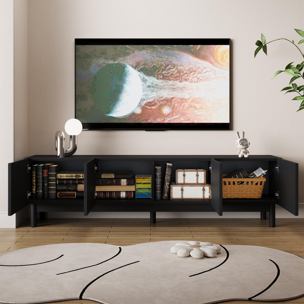 TV Lowboard 4 Türen, verstellbare Einlegeböden, Schwarz - Schwarz, Holz (169/45/34cm)