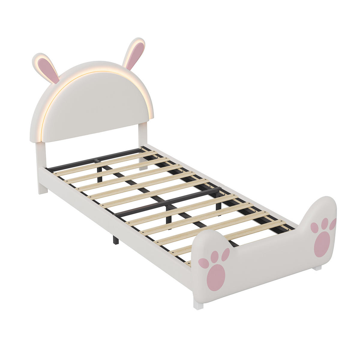 KINDERBETT 90x200 cm mit Hasen-Design, Ambiente-LED, Lattenrost, einfacher Montage, Weiß - Weiß, Holz (90/200cm) - BRILVERDE