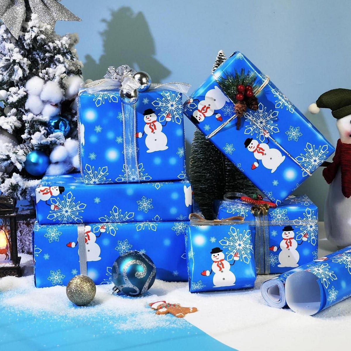 GESCHENKPAPIER Rolle Blau Schneemann Schneeflocke 43 cm x 15 m - Blau, Papier (43/0.1/1500cm)