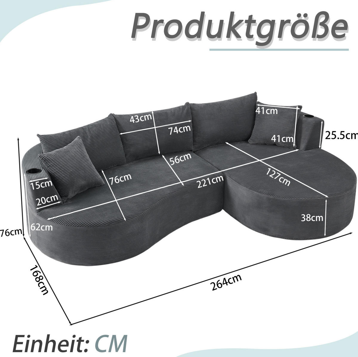 3-SITZER Sofa mit Getränkehaltern, Kissen und weichem Kordstoff, Grau - Grau, Kunststoff (264/76/168cm) - Redom