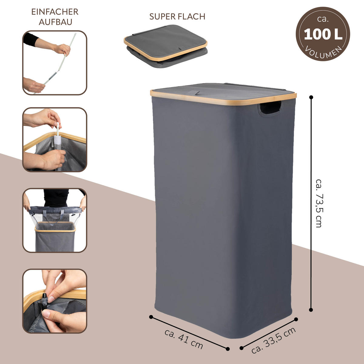 WÄSCHESAMMLER 100 Liter, grau - Grau, Textil (41/73.5/33.5cm) - bremermann