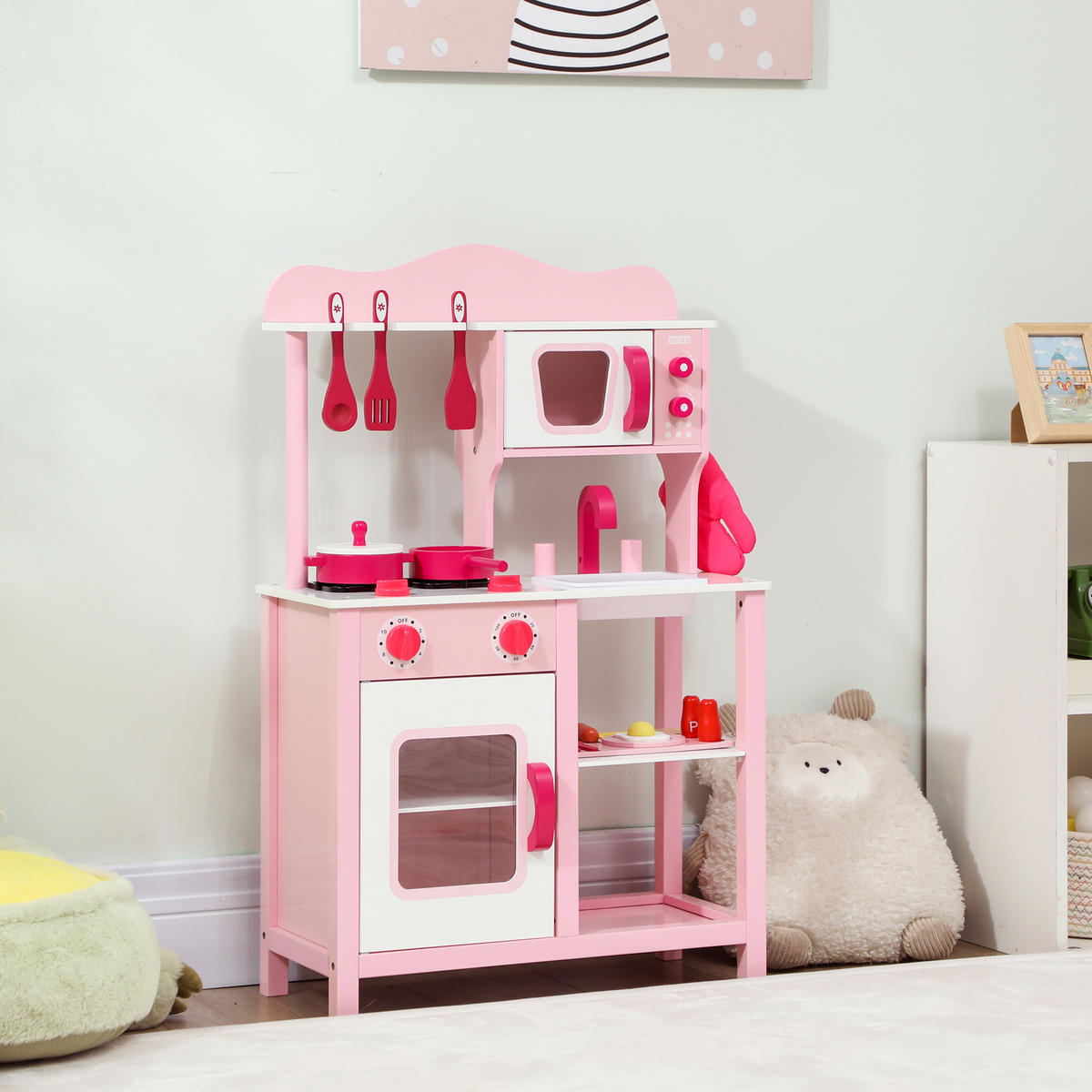 KINDERKÜCHE Spielküche mit Backofen, Herd, Spüle, Soundfunktion, Rosa - Rosa, Holzwerkstoff (24/55cm) - AIYAPLAY