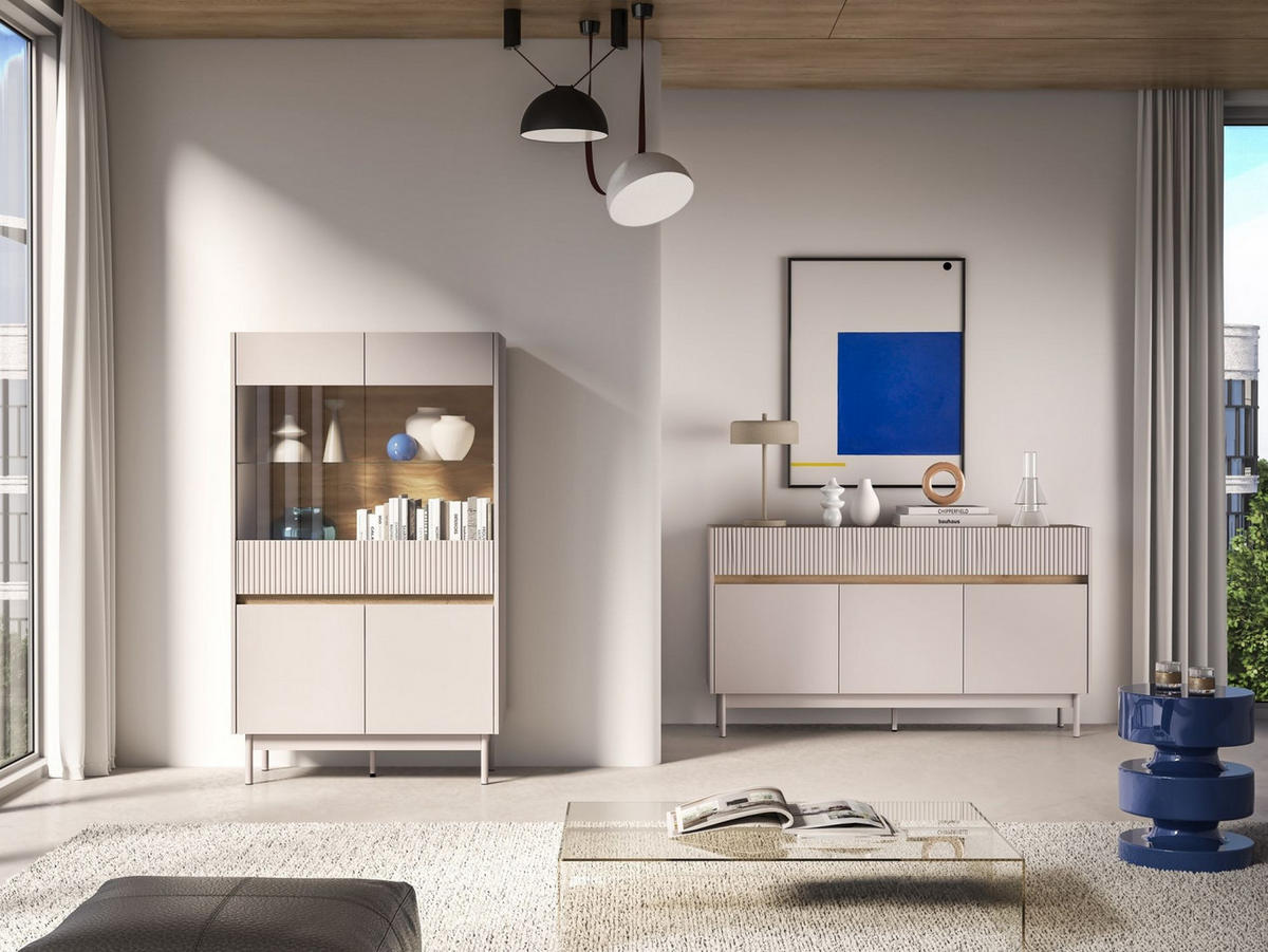 VITRINE Dunea 4-türig Kaschmirgrau/Eichenoptik 92 cm - Taupe, Holzwerkstoff/Metall (92/156/40cm) - Selsey