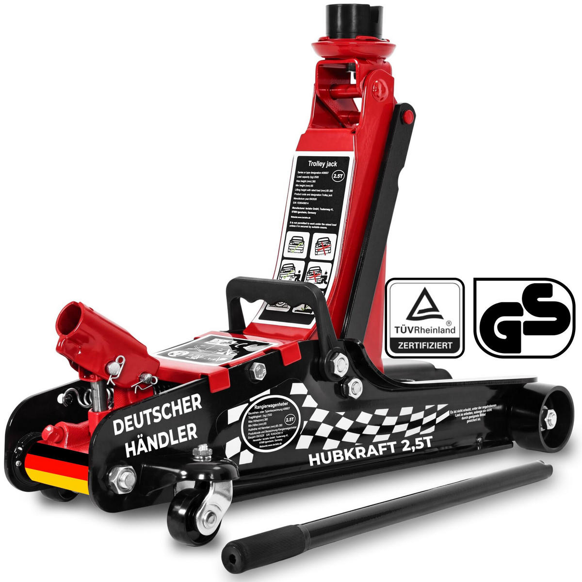 HYDRAULISCHER WAGENHEBER Jack, drehbarer Auflageteller, Gummiaufsatz mit Nut und Profil, schwarz/rot - Rot/Schwarz, Metall (56.5/22/41cm) - tectake
