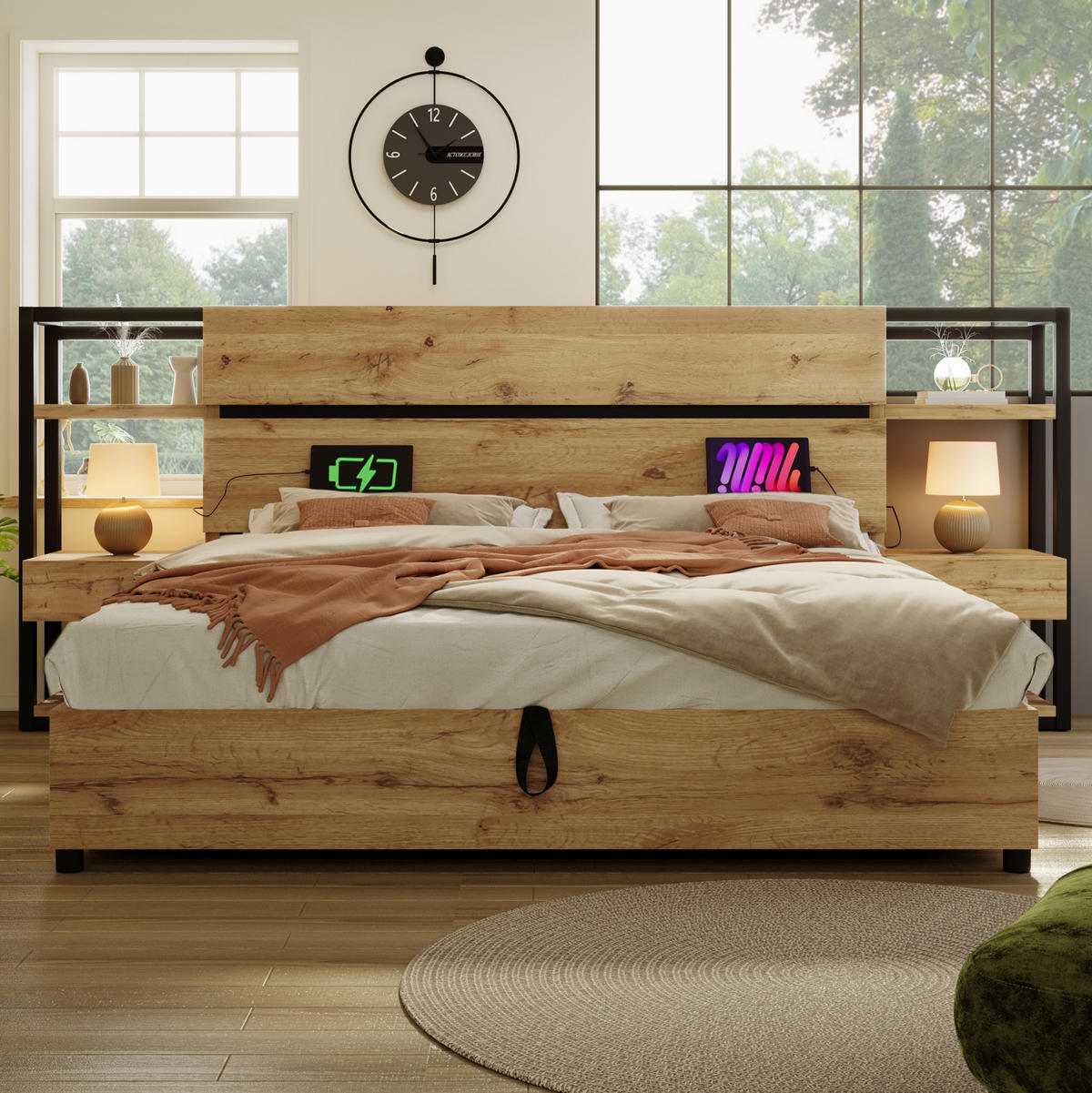 ČALOUNĚNÁ postel z MDF a kovu, 180/200 cm dubová, s úložným prostorem a USB/Type-C - barva dubu, kompozitní dřevo (180/200cm) - BEAOK