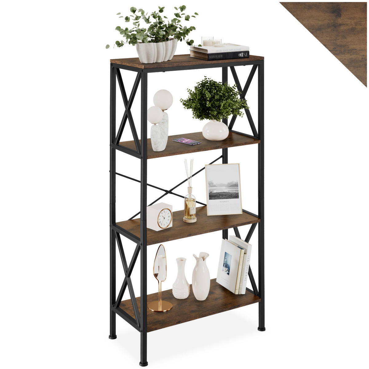 REGAL Barry,inklusive Kippschutz, 61,5 x 31,5 x 133,5 cm,Industrial Holz dunkel, rustikal - Rostfarben, Holzwerkstoff (31.5/133.5/61.5cm) - tectake