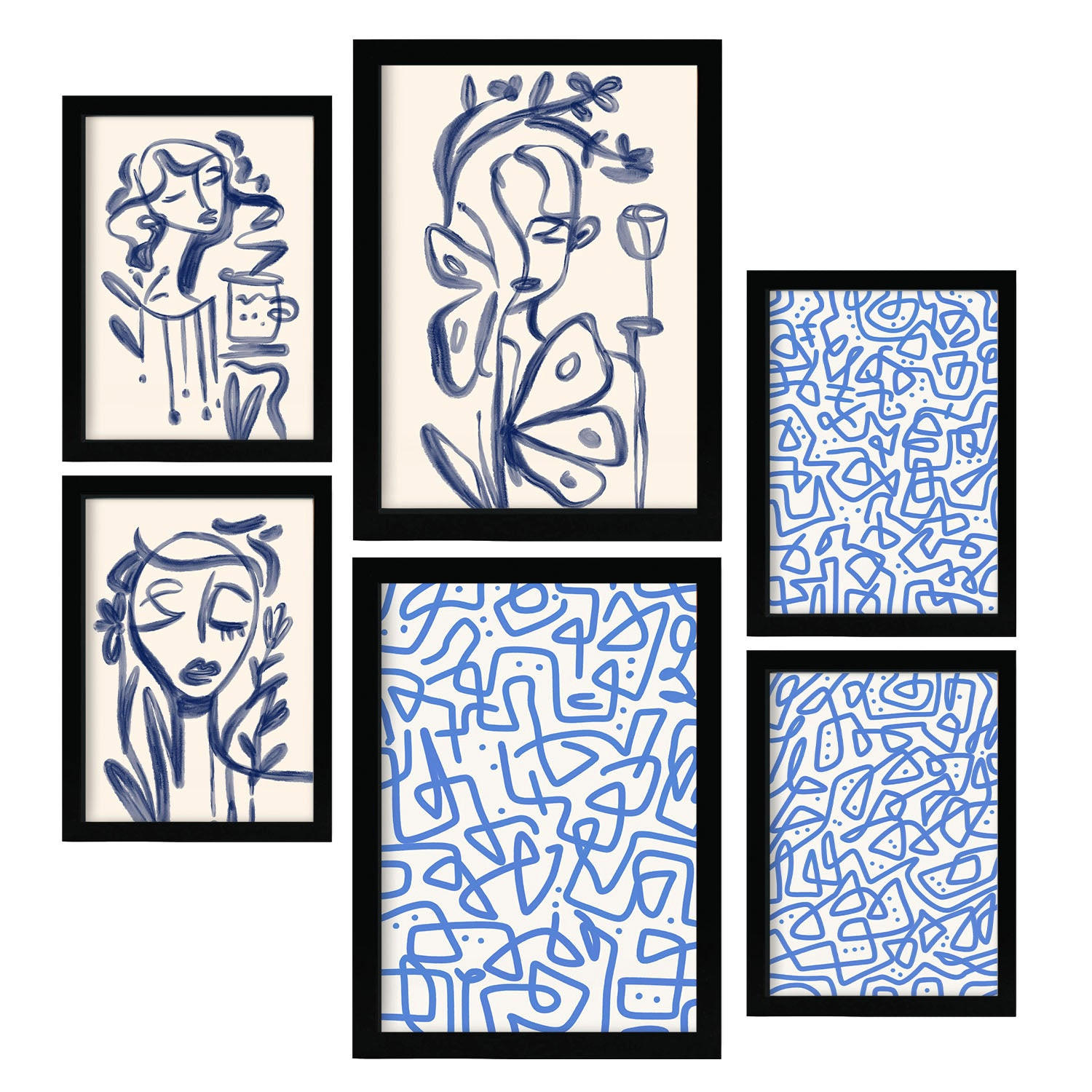 POSTER Set Mit 6 Kunst Löschen In Weibliche Zusammenfassung A3 & A4 Schwarzer Rahmen - Schwarz, Papier (29/3cm) - Nacnic