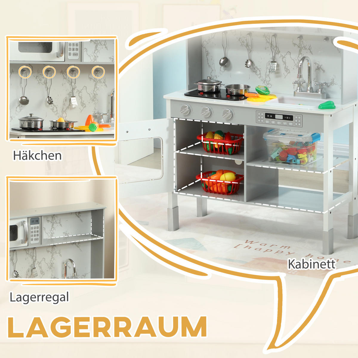 KINDERKÜCHE Spielküche mit Elektroherd, Mikrowelle, Spüle & Wasserhahn - Weiß, Holzwerkstoff (70.1/28/96.1cm) - AIYAPLAY