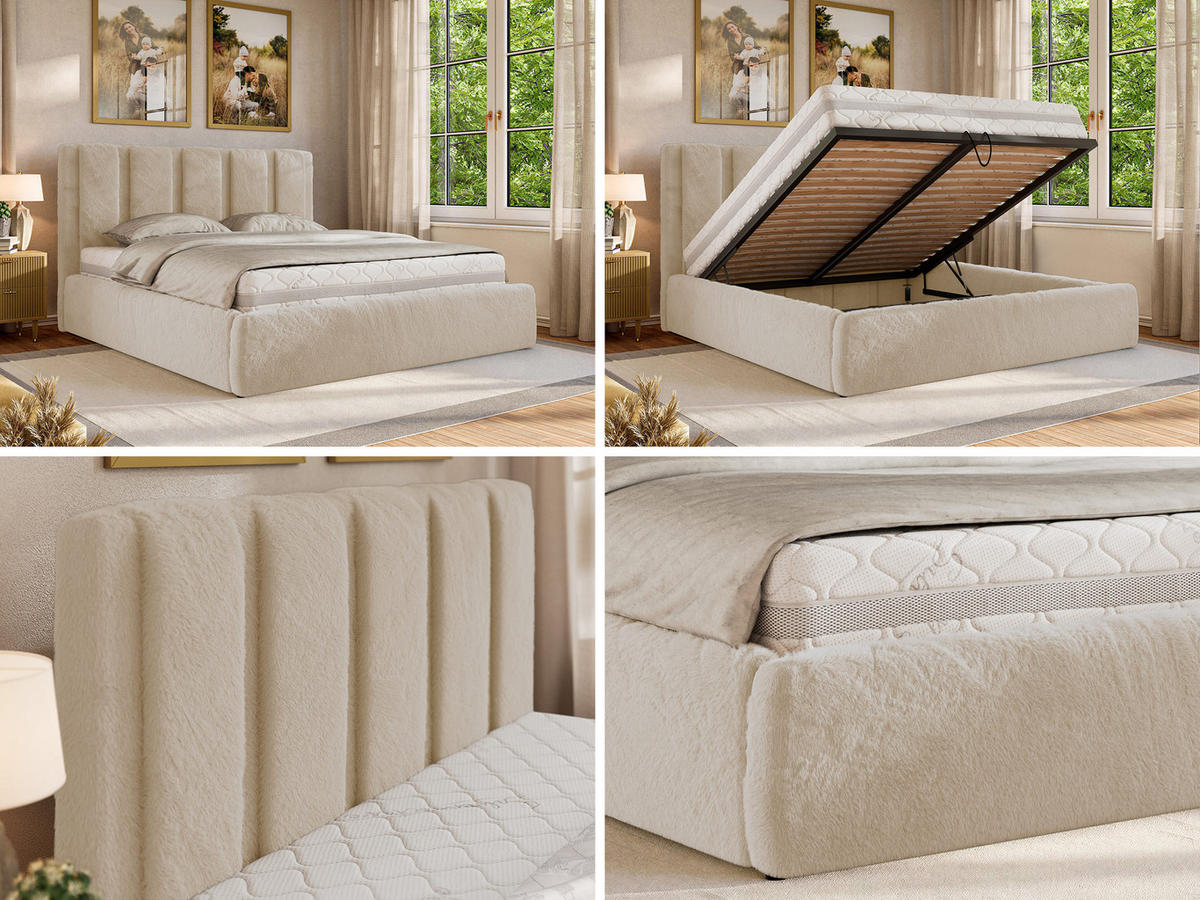 POLSTERBETT SAVINO CLASSIC 160/200 - Creme Plüsch - Schaum-Matratze - Creme, Textil (160/200cm) - MKS