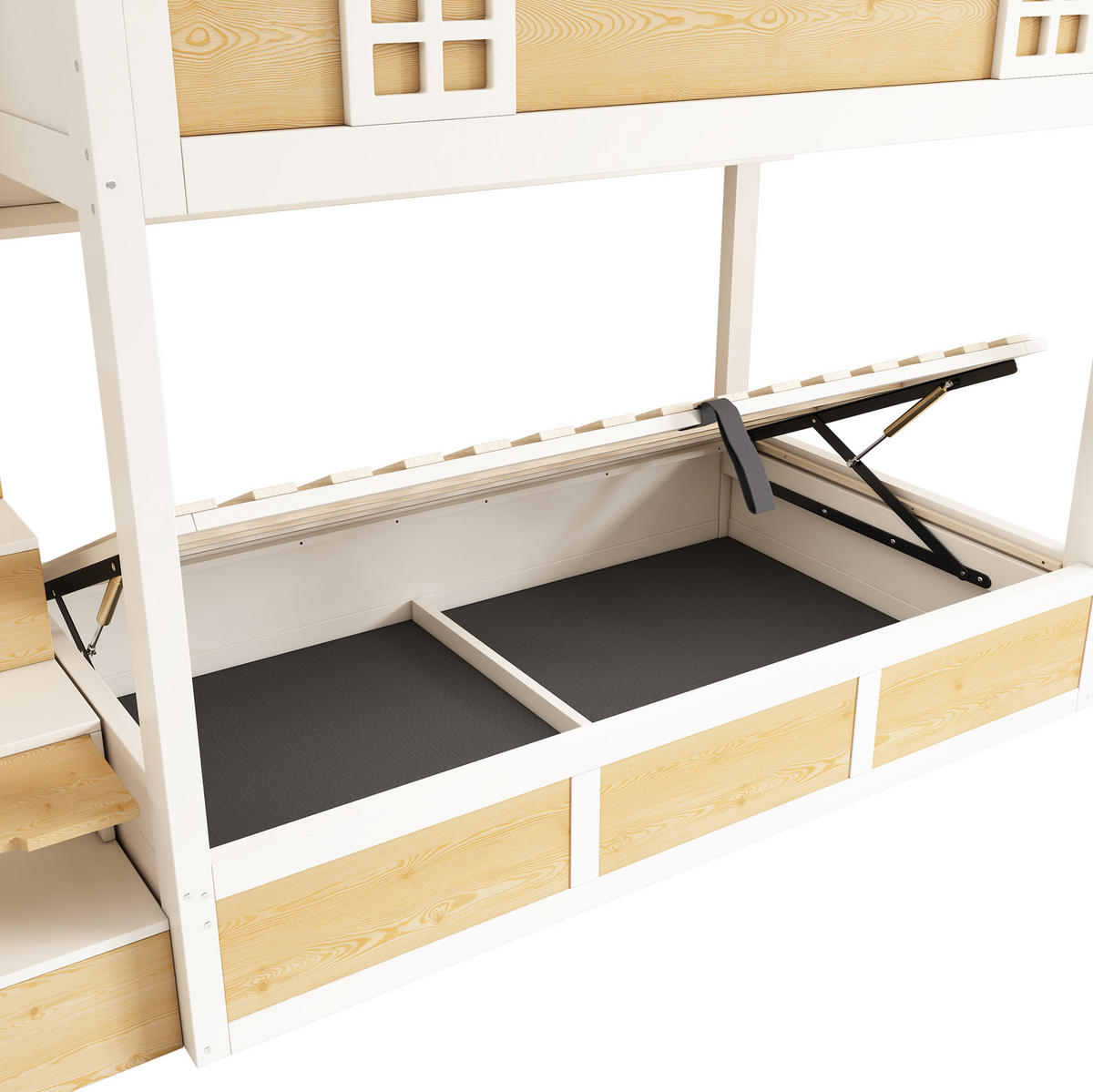 ETAGENBETT aus Holz und Metall 90x200 cm Weiß/Natur mit Treppenschrank, Bettkasten und Sicherheitsgeländer - Naturfarben, Holzwerkstoff (90/200cm) - Modfu