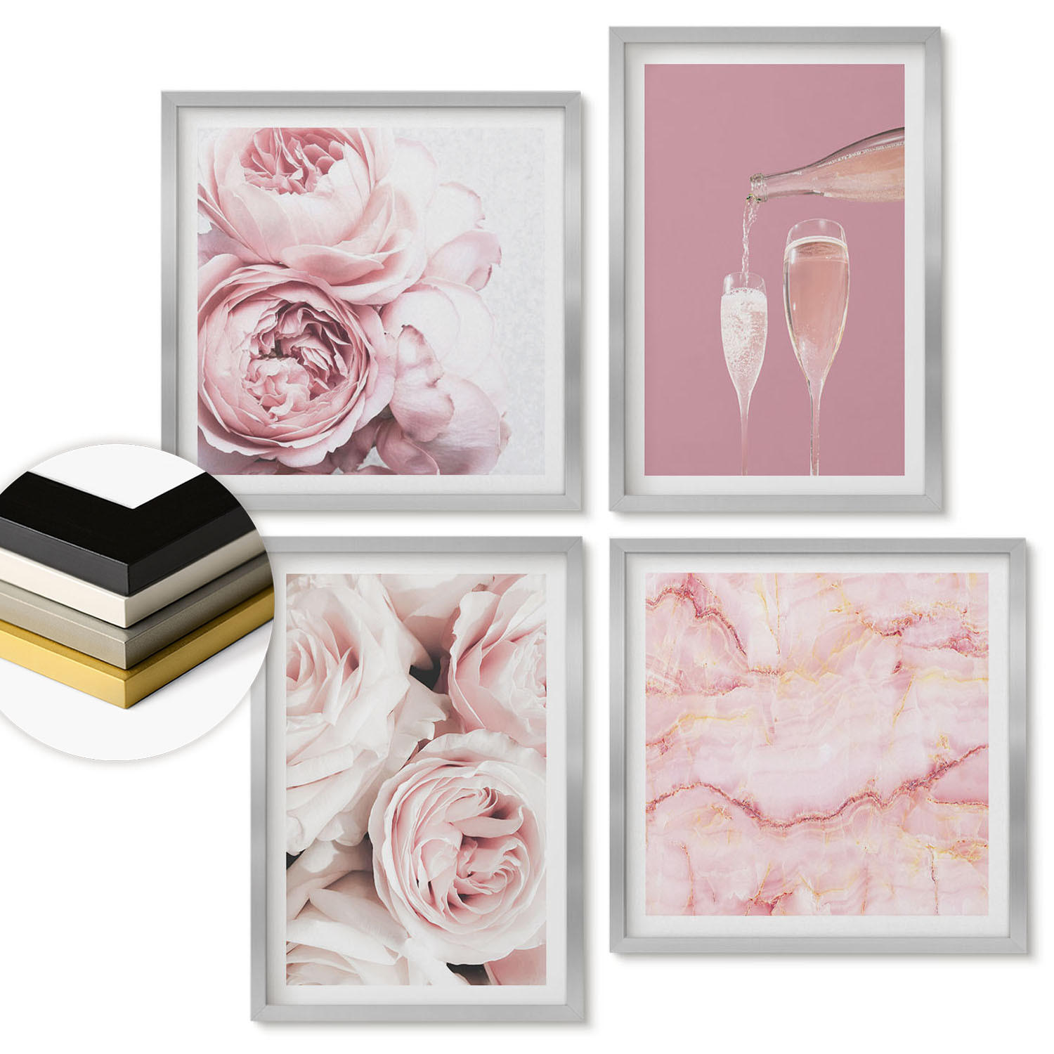 WANDBILDER 4er Set - 50x50 cm & 40x60 cm Silberner Rahmen - Rosen, Champagner, Marmor, Pastell - Silberfarben, Kunststoff (50/50cm) - ArtPrintCave