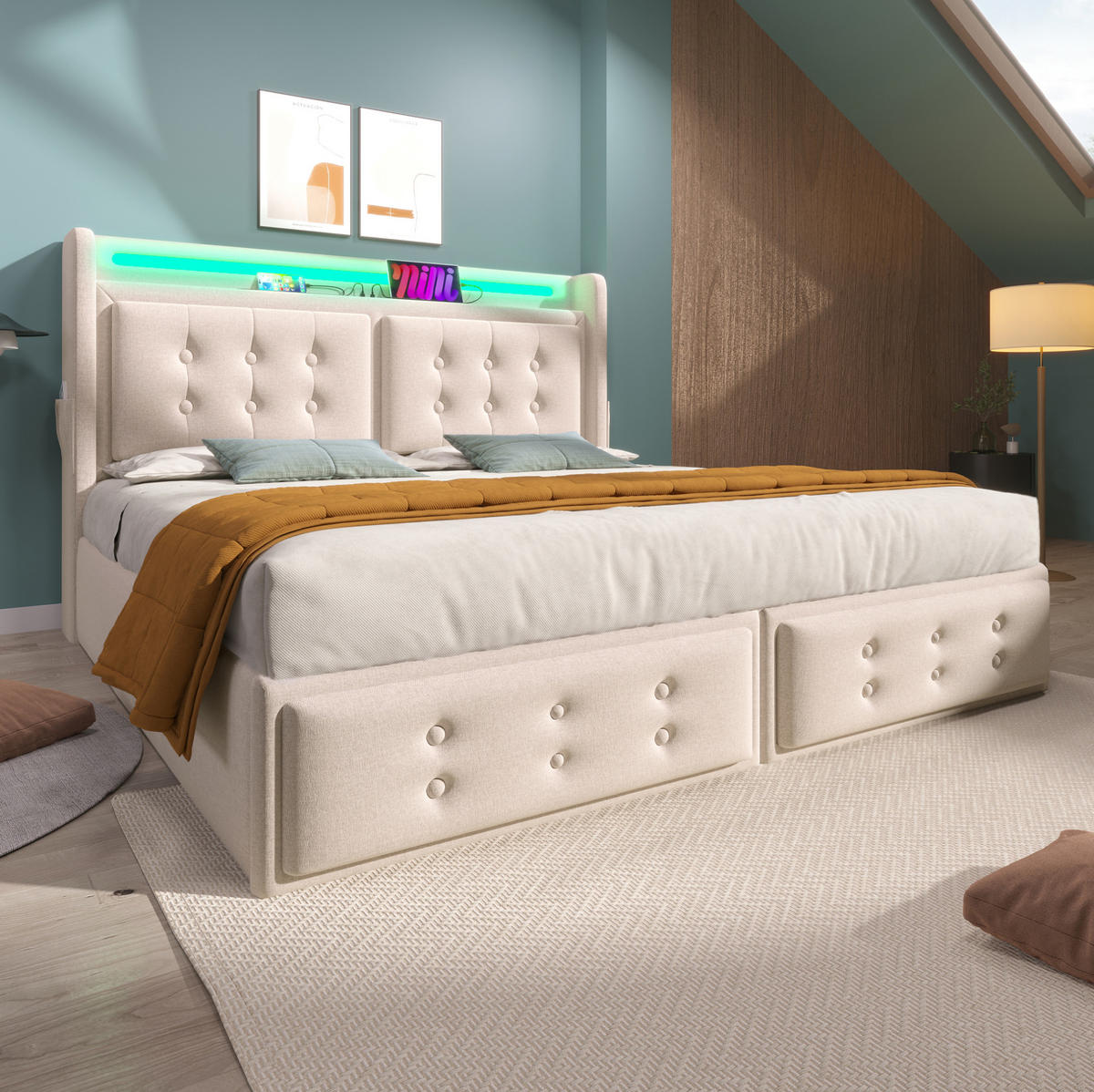 POLSTERBETT 140/200 cm Beige mit Bettkasten, LED und USB- und Type-C-Anschlüssen - Beige, Textil (140/200cm) - Flora Grace
