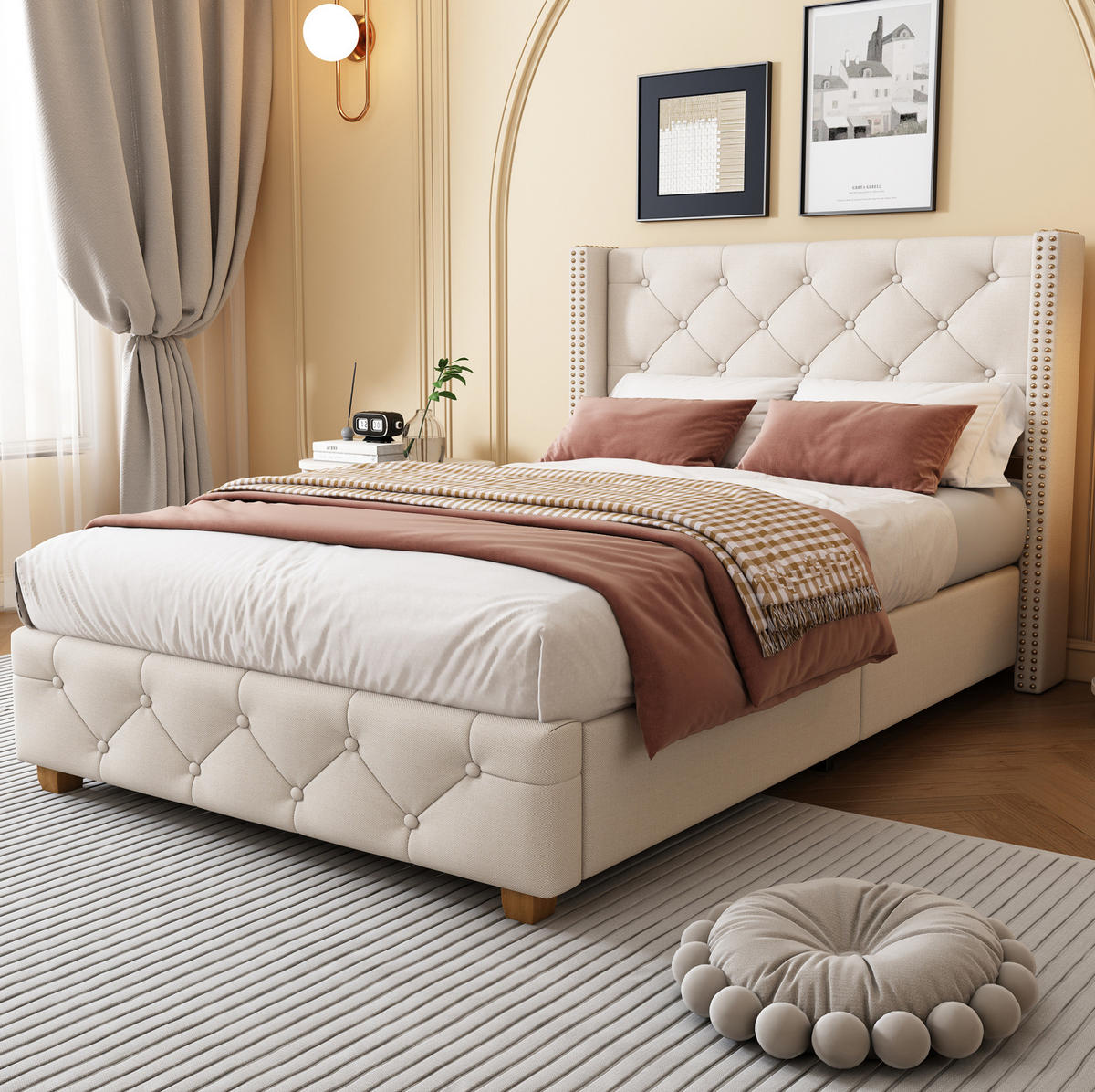 POLSTERBETT 90/200 cm mit Lattenrost, Knopfheftung & Nieten-Kopfteil, Beige - Beige, Textil (90/200cm) - Redom