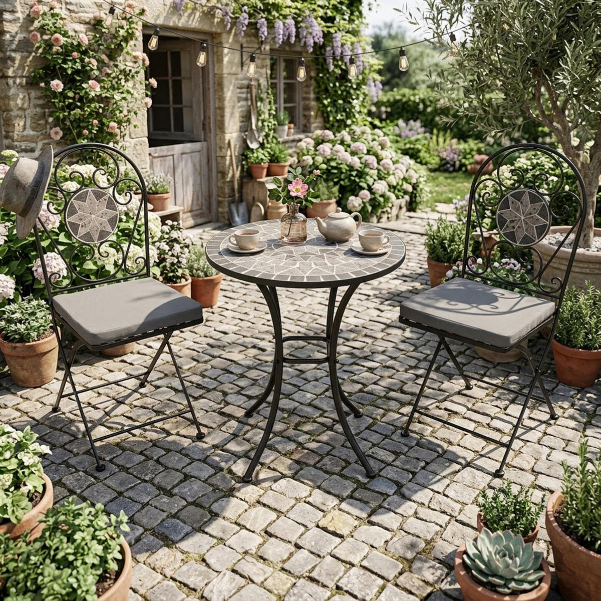 BISTROSET Derby - Balkonset 3-teilig aus schwarz pulverbeschichtetem Eisen - Grau, Metall - TPFGarden