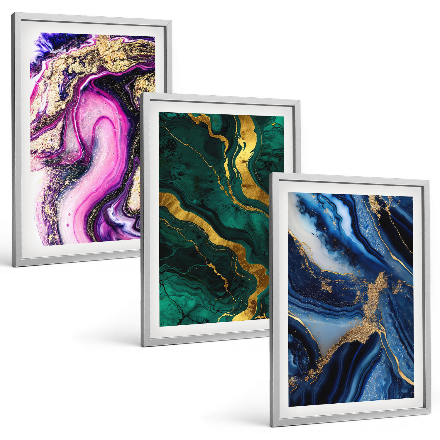BILDER SET 3er Set - 40x60 cm Silberner Rahmen - Abstrakte rosagrüne Muster - Silberfarben, Kunststoff (40/60cm) - TULUP