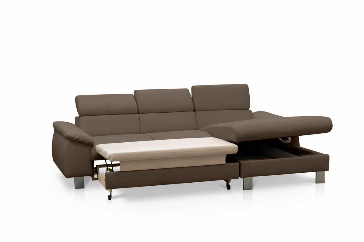 ECKSCHLAFSOFA mit Echtlederbezug, Schlaffunktion & Bettkasten - Chromfarben/Dunkelbraun, Leder/Holz (166/244cm) - Cotta