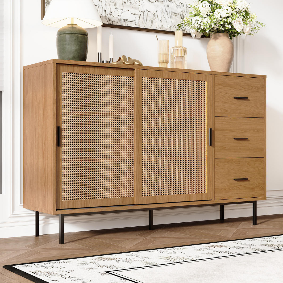 SIDEBOARD Landhaus mit Schiebetüren 140x37x91cm - Naturfarben, Holzwerkstoff (37/91/140cm) - FLIEKS