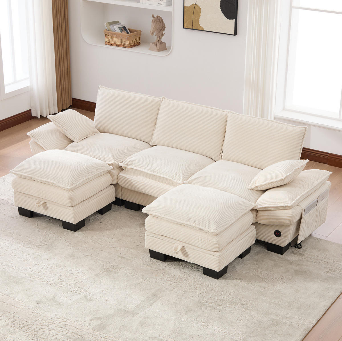 WOHNLANDSCHAFT aus Corduroy 260x132x84 cm in Beige mit USB-C & Seitentaschen - Beige, Textil (132/84/260cm) - Modfu