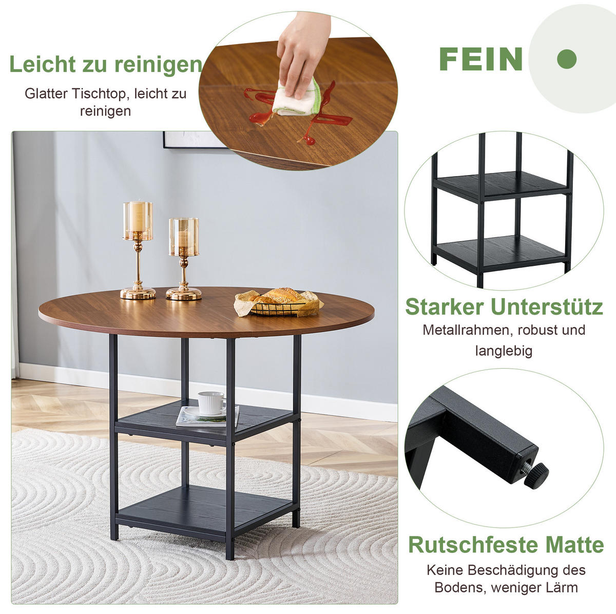 ESSTISCH-SET 5-tlg. rund 107 cm Nussbaumoptik Grau Schwarz - Grau, Metall (107/75/107cm) - Meubliv
