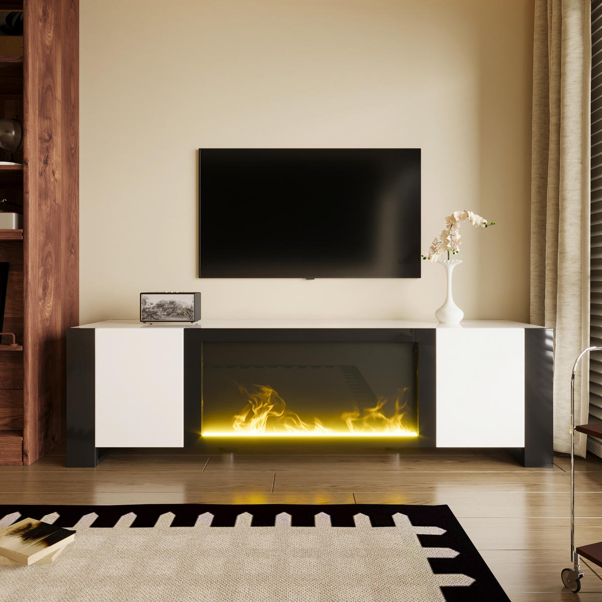 TV-ELEMENT165X55X32CM elektrischer Kamin Flammeneffekt Hochglanz Weiß-Schwarz - Weiß, Holz (54.99/21.21/104.5cm) - Raelunyi