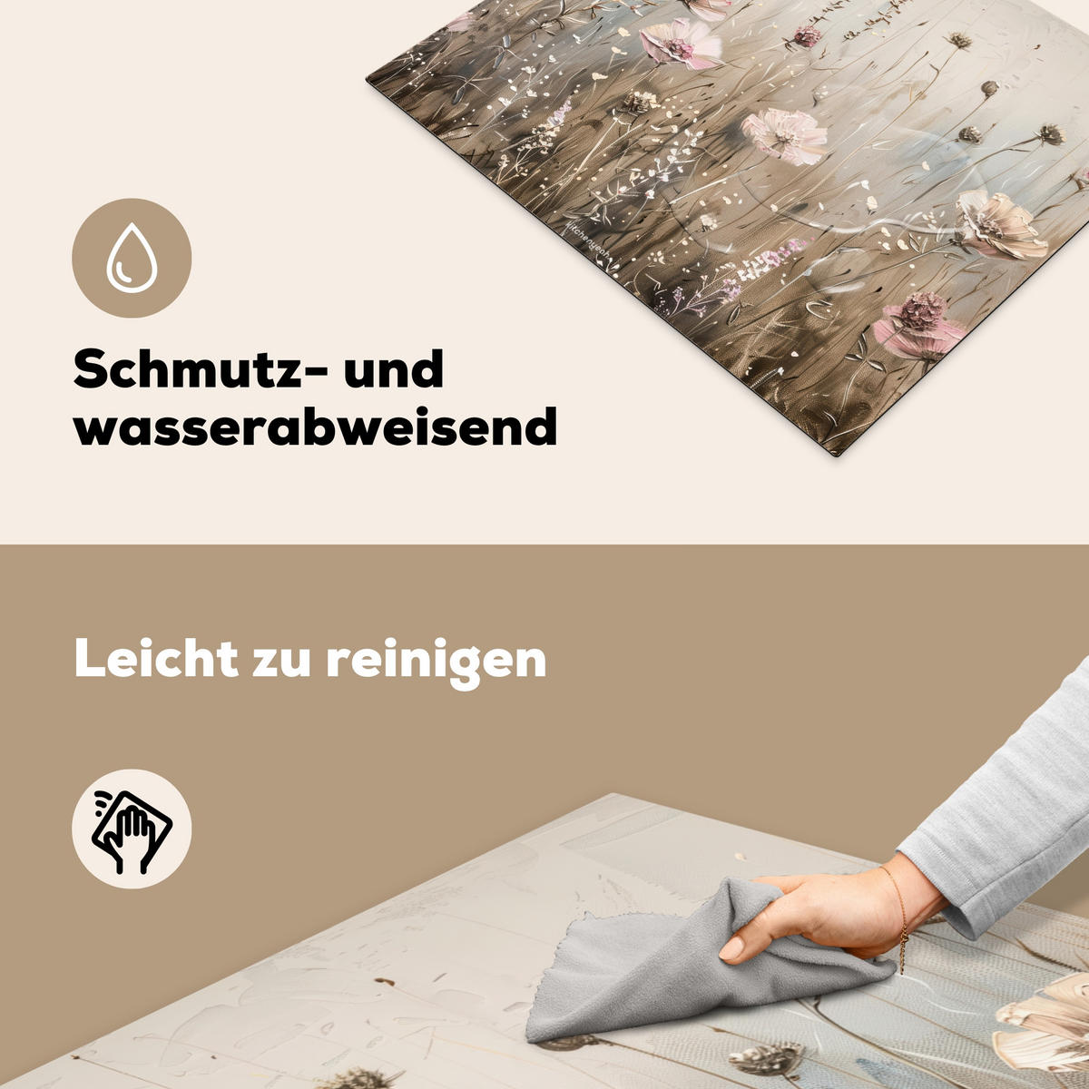 HERDABDECKPLATTE Blumen - Beige - Trockenblumen 65x52 cm - Beige, Kunststoff (65/52/0.2cm) - MuchoWow