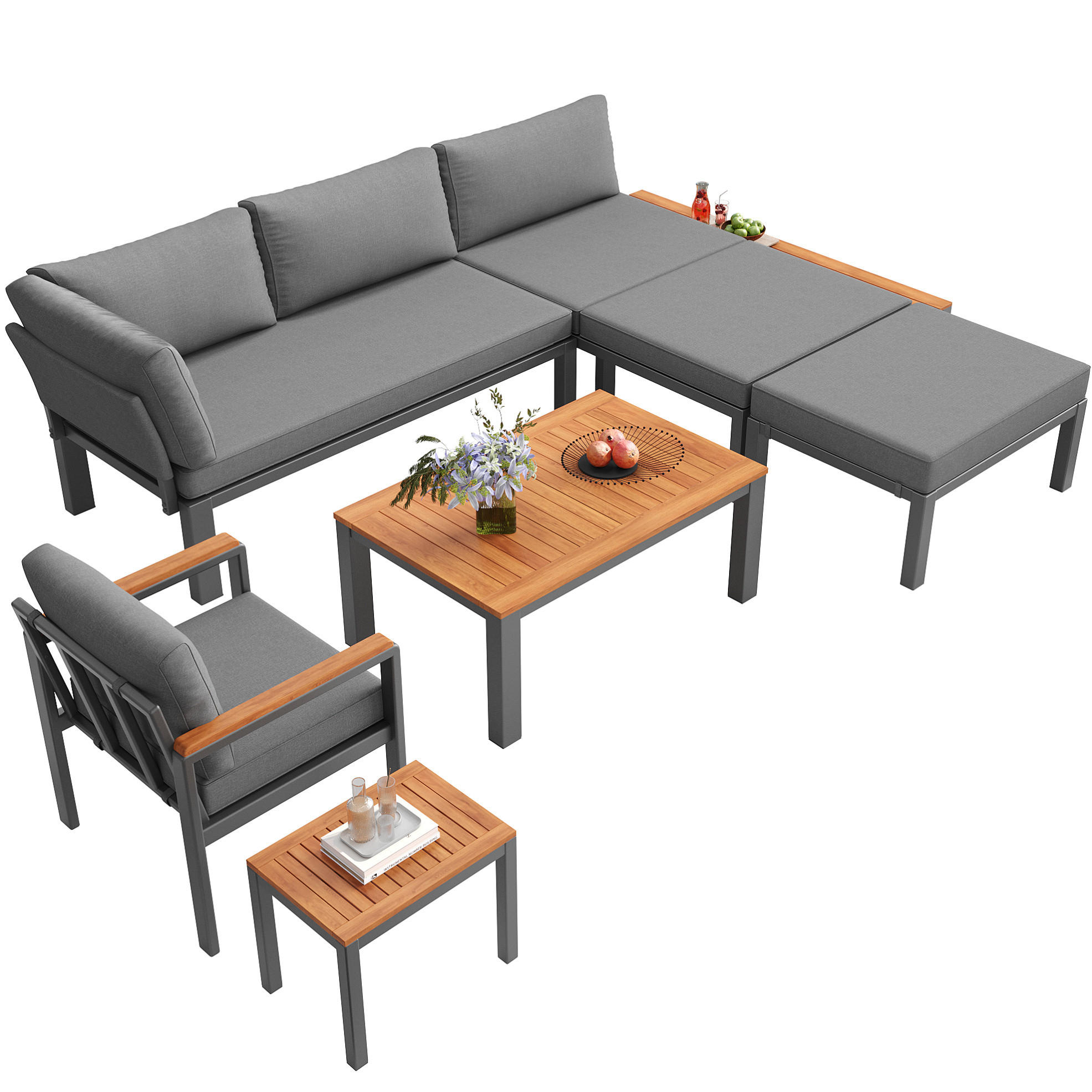 GARTENLOUNGE 150/76/65 cm grau aus Akazienholz und Eisen modular mit Tischen - Grau, Metall - OKWISH