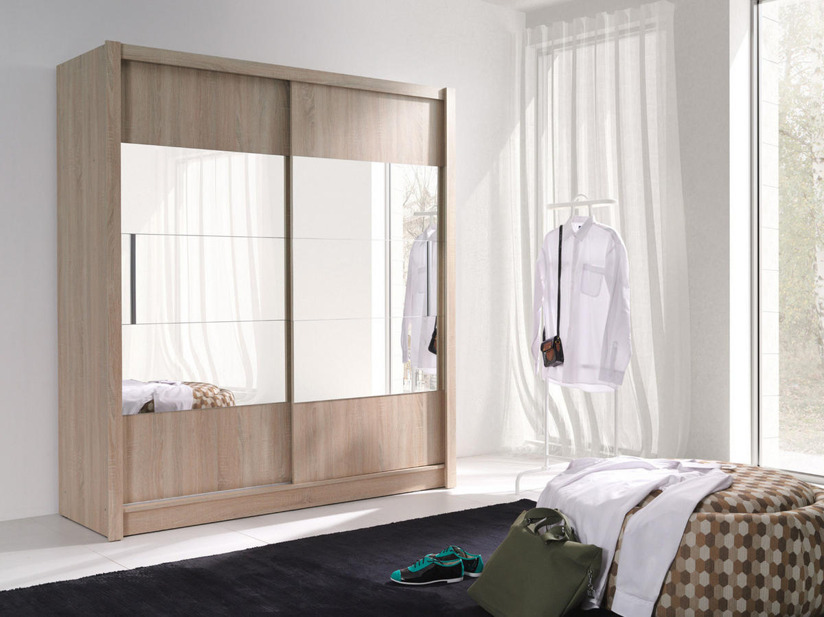 SCHIEBETÜRENSCHRANK ROVELA -184,4×200×61,5 cm mit Regalen & Kleiderstange Sonoma Eiche - Sonoma Eiche, Holzwerkstoff (184.4/200/61.5cm) - Milaros Markt