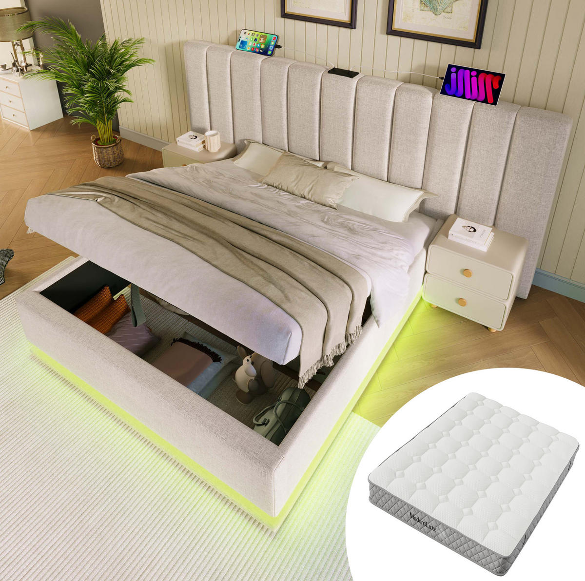 POLNJENA postelja iz lanene tkanine 180x200 cm bež z LED osvetlitvijo, USB-C in hidravličnim prostorom - bež, tekstil (180/200cm) - Modfu