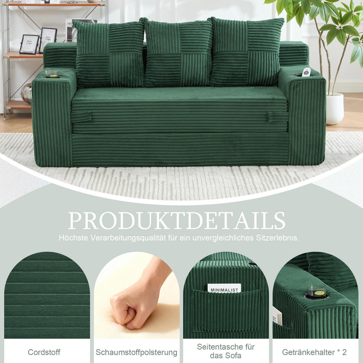 2-SITZER Bodensofa ausklappbar, Getränkehalter/Seitentaschen, Cord, Grün - Grün, Textil (172/64/87cm) - LVHOM