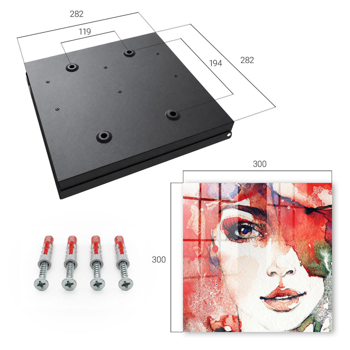 SCHLÜSSELBOX Schwarz 30x30 cm- Türöffnung nach rechts - Porträt einer Frau - Rot, Metall (30/30/5cm) - TULUP