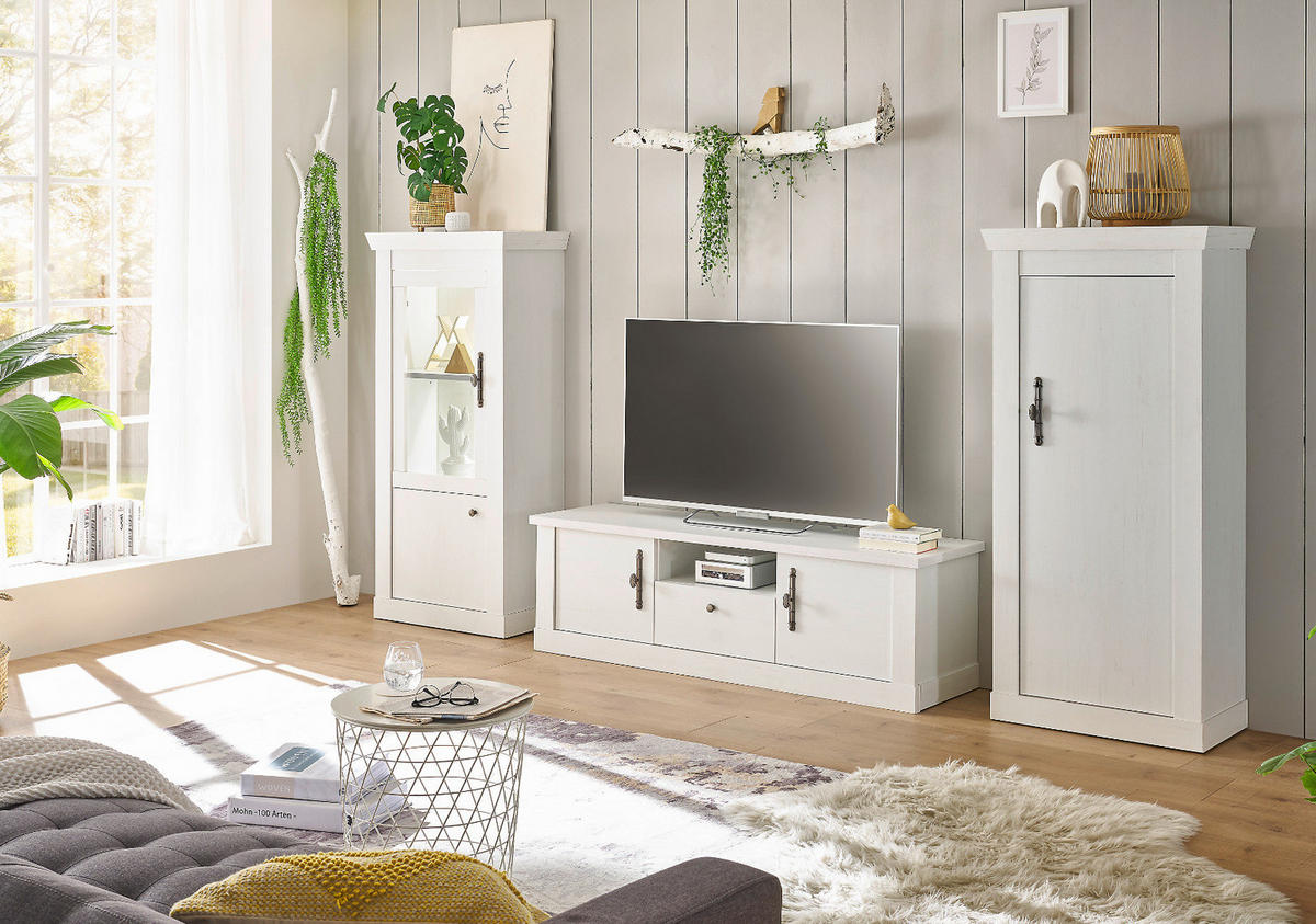 TV-LOWBOARD weiß Pinie Landhaus, TV Unterteil 155 cm, Soft-Close-Funktion - Weiß, Holzwerkstoff/Kunststoff (158/51/45cm) - Furn.Design