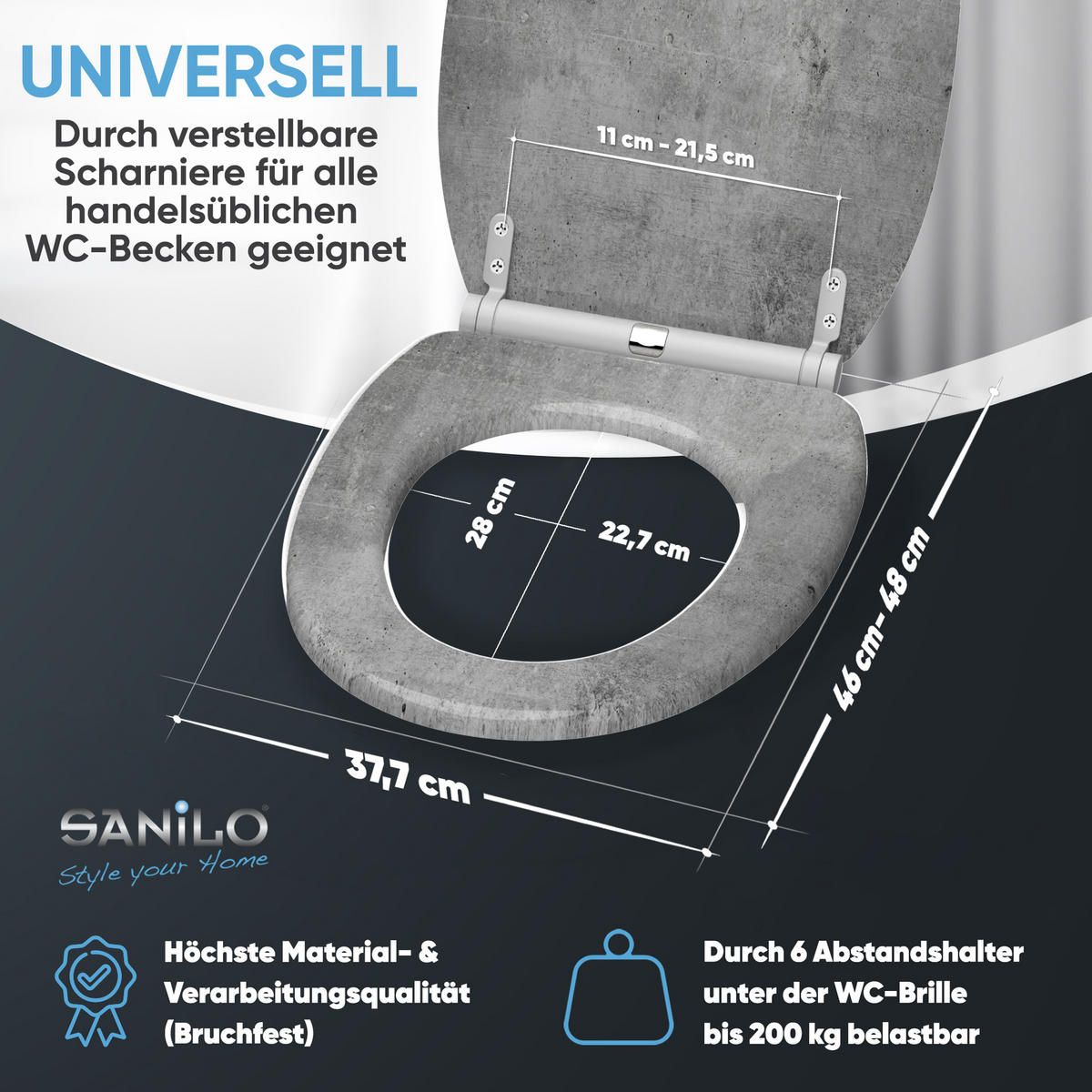 WC-SITZ mit Absenkautomatik & Top Fix Beton - Grau, Holzwerkstoff (37.7/5.5/48cm) - Sanilo