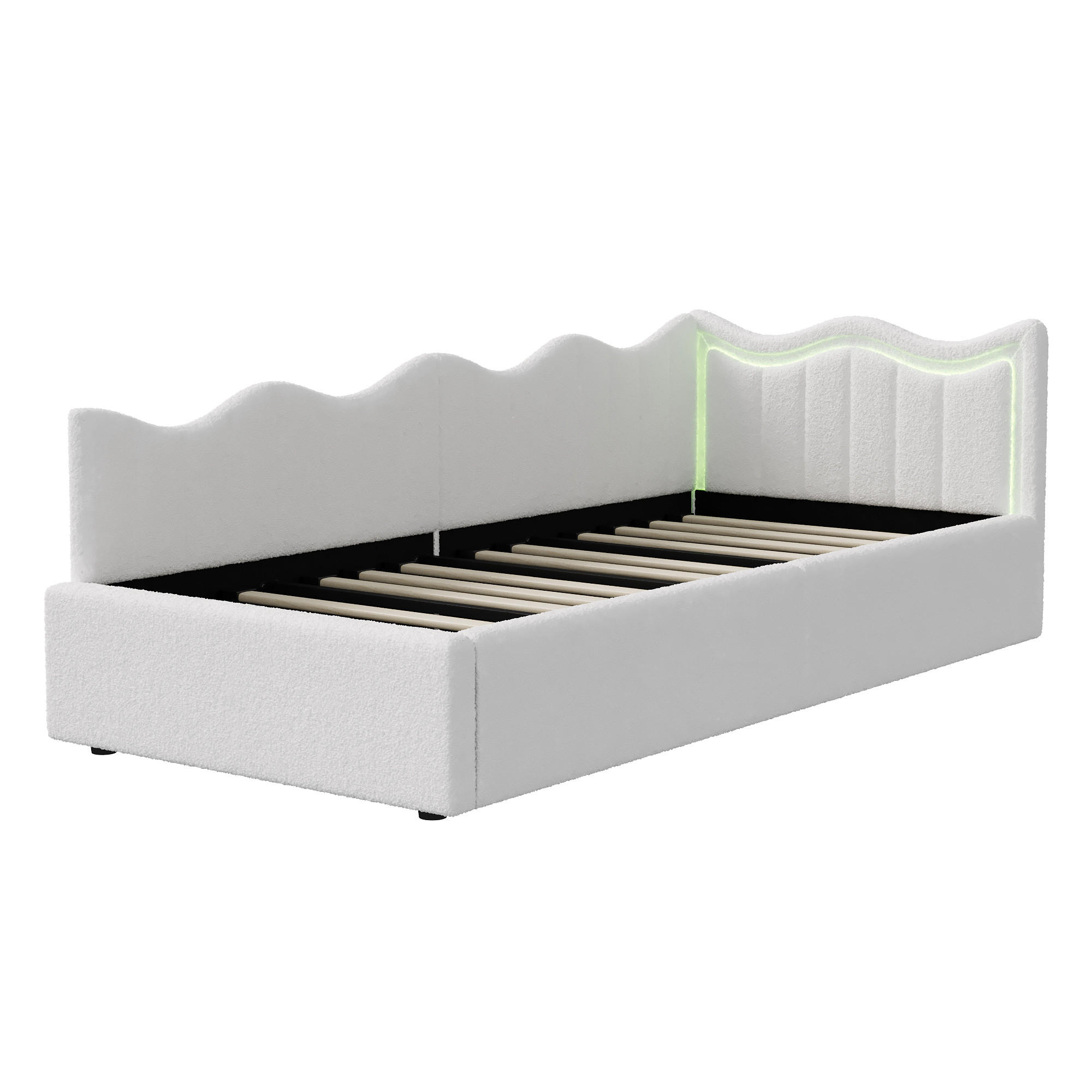 KINDERBETT 90×200 cm Bouclé-Stoff Weiß – Bett mit LED-Beleuchtung - Weiß, Holz