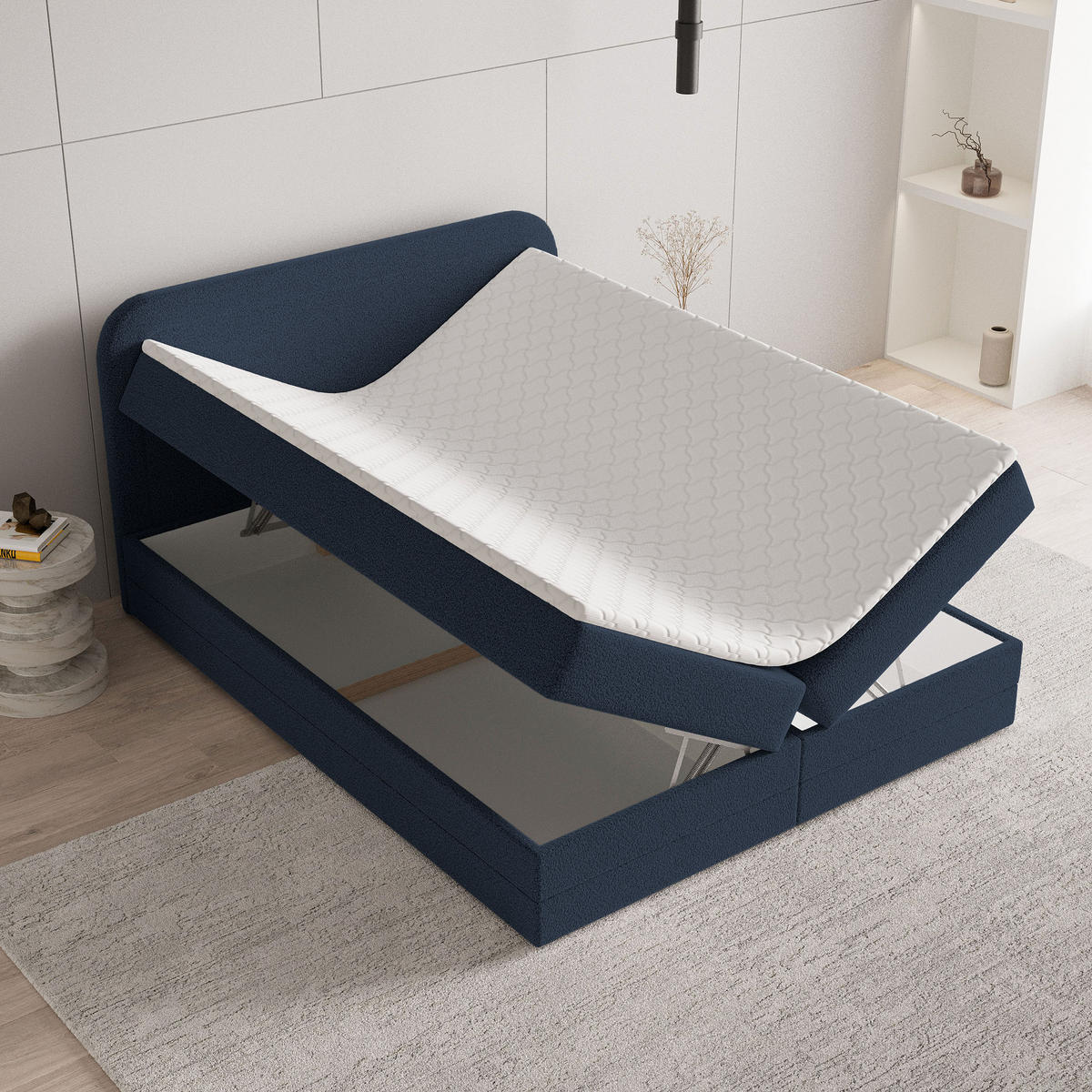 BOXBETT ARMEL 140x200 cm mit Matratze und Topper - Blau - Blau, Holz (140/200cm) - MASSENO