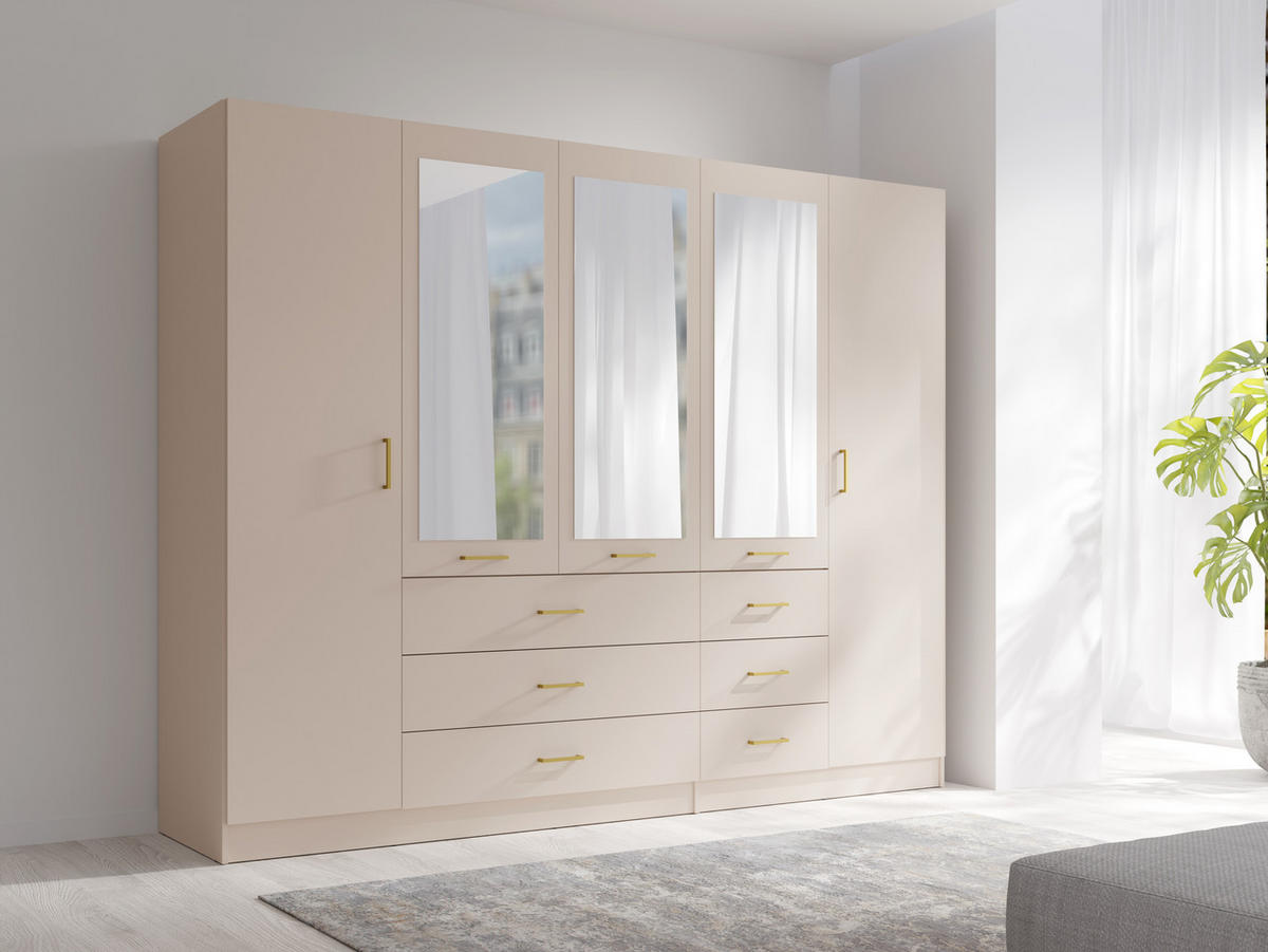 KLEIDERSCHRANK KERONA 21 - 250×200,5×58 cm mit 3 Spiegeln, 5 Türen & 6 Schubladen Wüstensand - Sandfarben, Holz/Holzwerkstoff (250/200.5/58cm) - Milaros Markt