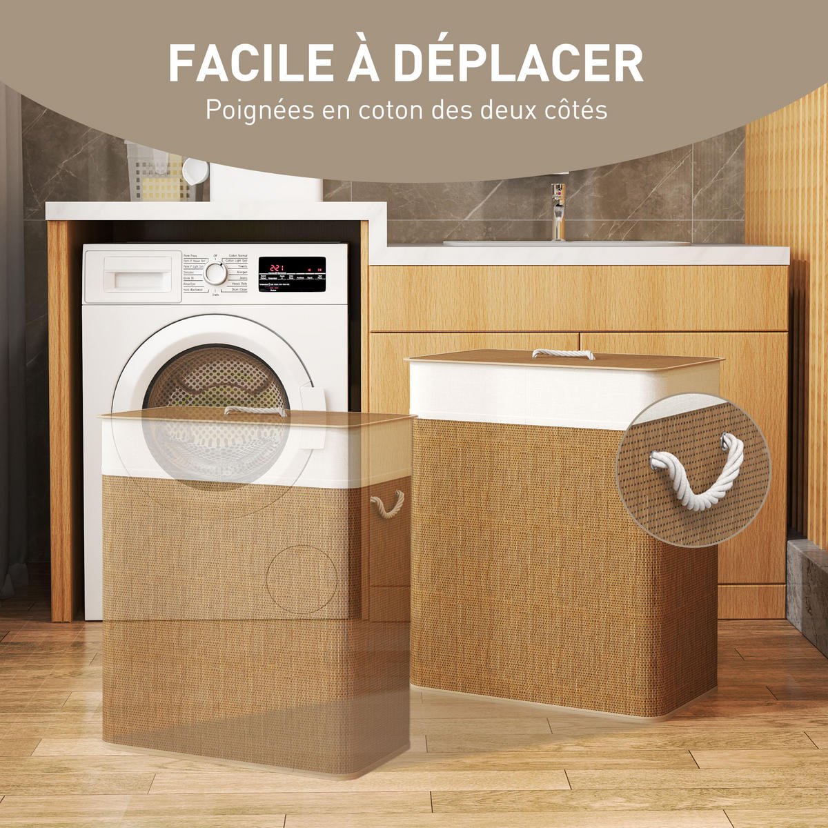 WÄSCHEKORB DE-18811 2 Fächer, 100L mit Deckel & Seilgriffen Natur - Braun, Naturmaterialien (52/63/32cm) - ComfortXL