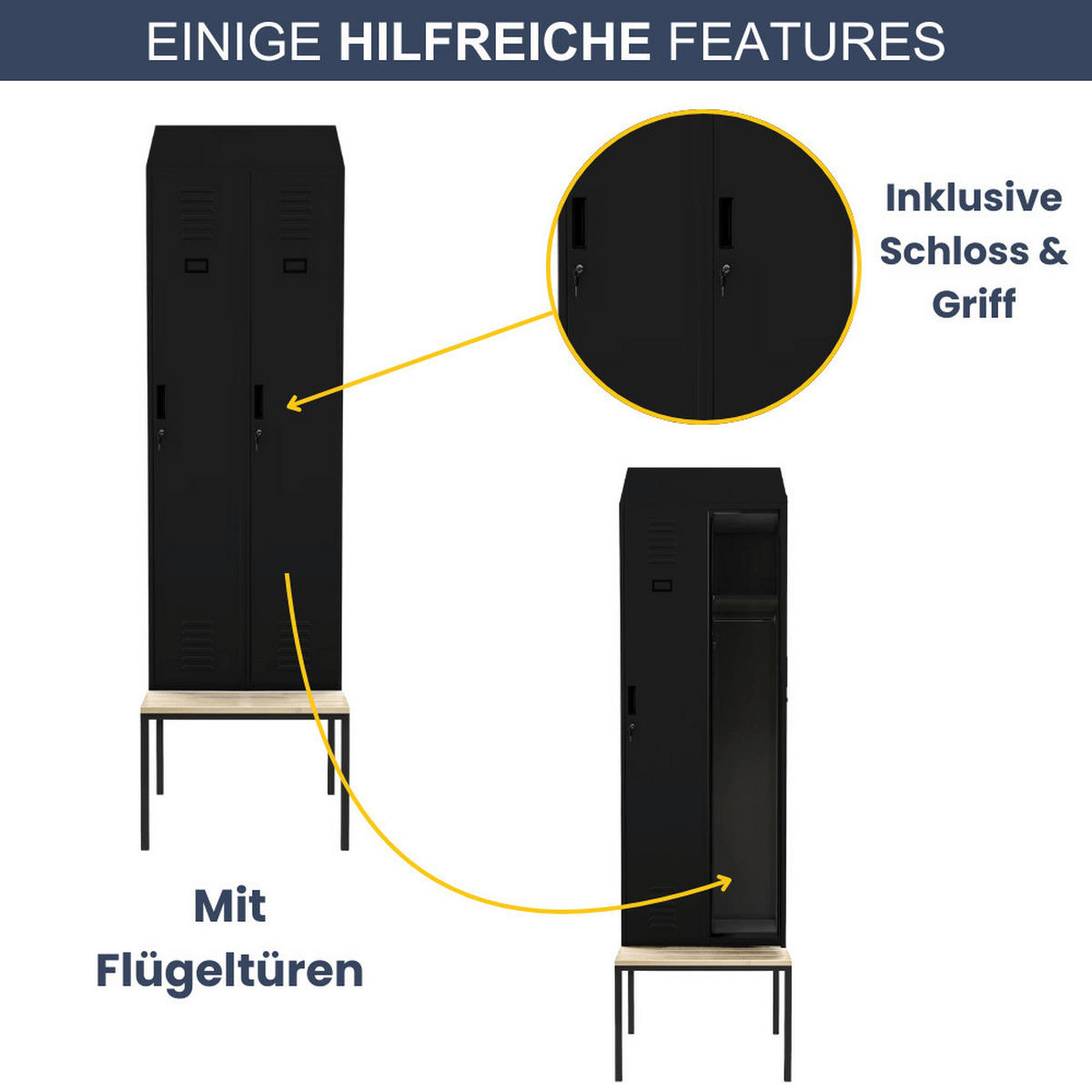 UMKLEIDESCHRANK Spind mit Sitzbank BARCA 2 Abteile 229,5x60x85cm Schwarz - Schwarz, Metall (60/229.5/85cm) - DELUKE