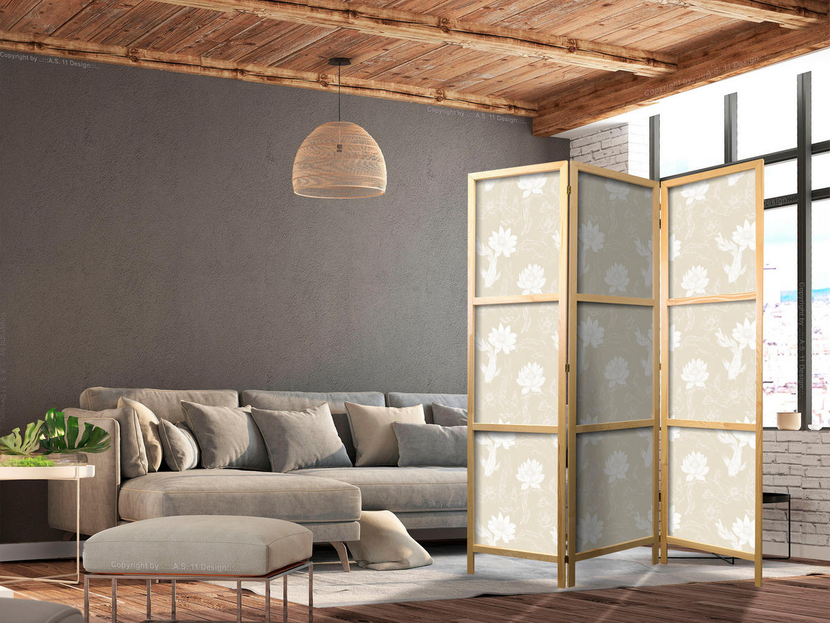 PARAVENT Japanischer 3-tlg 135x172 cm Fische und Blumen - Beige, Holz/Textil (135/172/3cm) - Muralo