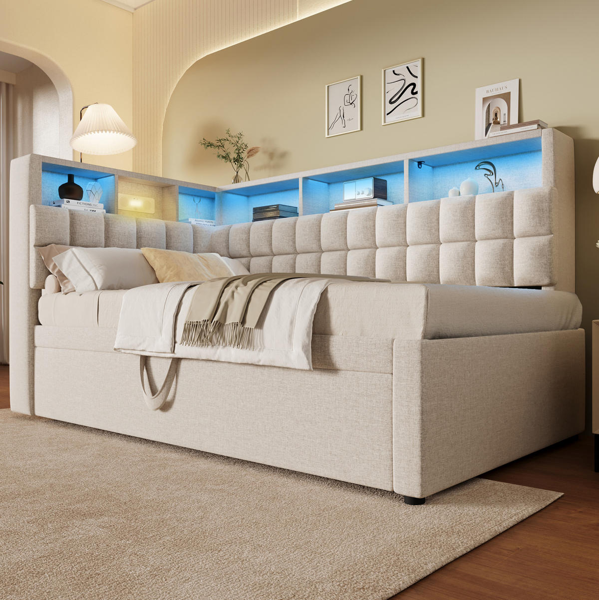 AUSZIEHBETT 90/200 cm Beige mit LED-Beleuchtung Bluetooth-Lautsprecher und USB- und Type-C-Anschlüssen aus Leinen - Beige, Textil (90/200cm) - OKWISH