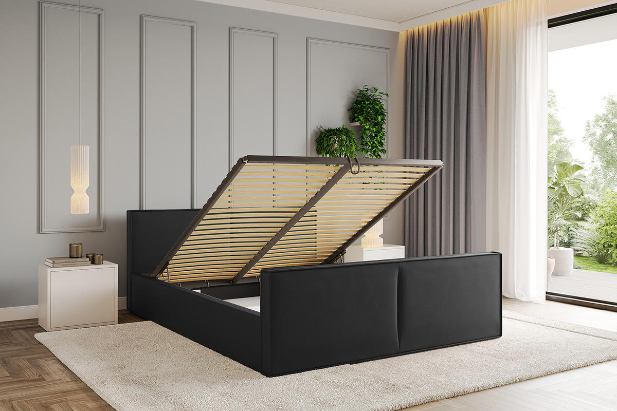 POLSTERBETT mit Bettkasten, Fußteil und Lattenrost, Boxbett mit Matratze H3/H4 - EMMI-Z-V1 120x200 Schwarz Kunstleder - Schwarz Hochglanz, Holzwerkstoff/Textil (120/200cm) - ALTDECOR