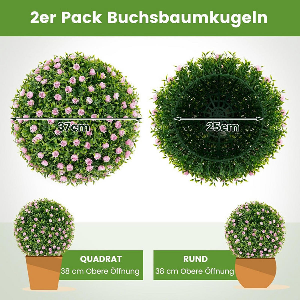 BUCHSBAUMKUGEL mit rosa Blumen grün(2er-Set) - Grün, Kunststoff (37cm) - COSTWAY