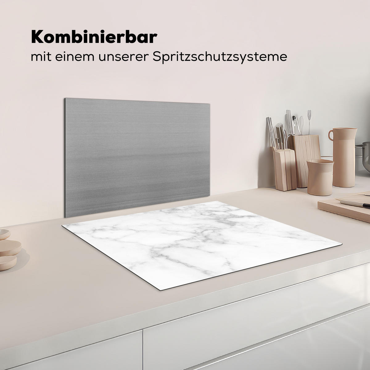 HERDABDECKPLATTE Marmor - Grau - Weiß - Strukturierter Marmor Herdabdeckung Induktionsfeld 65x52 cm - Weiß, Kunststoff (65/52/0.2cm) - MuchoWow