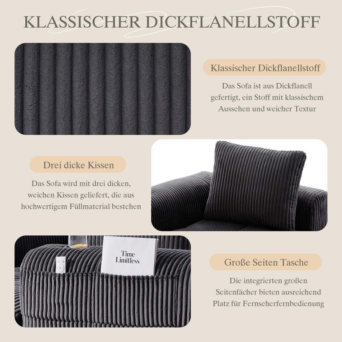 KOMPAKTSOFA Cord mit Modulsystem und Becherhalter 253/158/61 cm Dunkelgrau - Dunkelgrau, Textil (158/253cm) - Redom