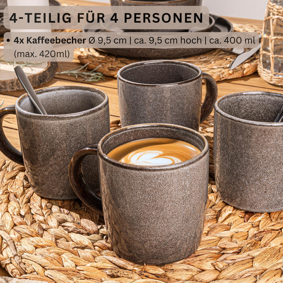 KAFFEEBECHER SET KAIRO GRAPHIT - 4 teilig aus Steingut - Braun, Keramik (0.4L) - Sänger
